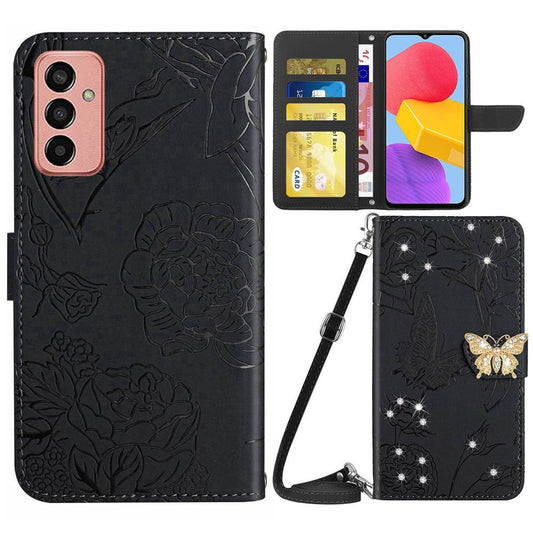 For Samsung Galaxy M13 4G Butterfly Flowers Imprinted Rhinestone Decor Phone Cover Wallet Stand Well-protected Leather Case with Shoulder Strap - Black