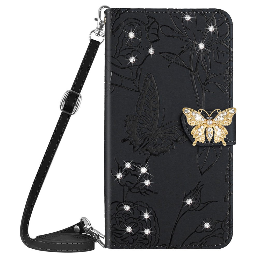 For Samsung Galaxy M13 4G Butterfly Flowers Imprinted Rhinestone Decor Phone Cover Wallet Stand Well-protected Leather Case with Shoulder Strap - Black