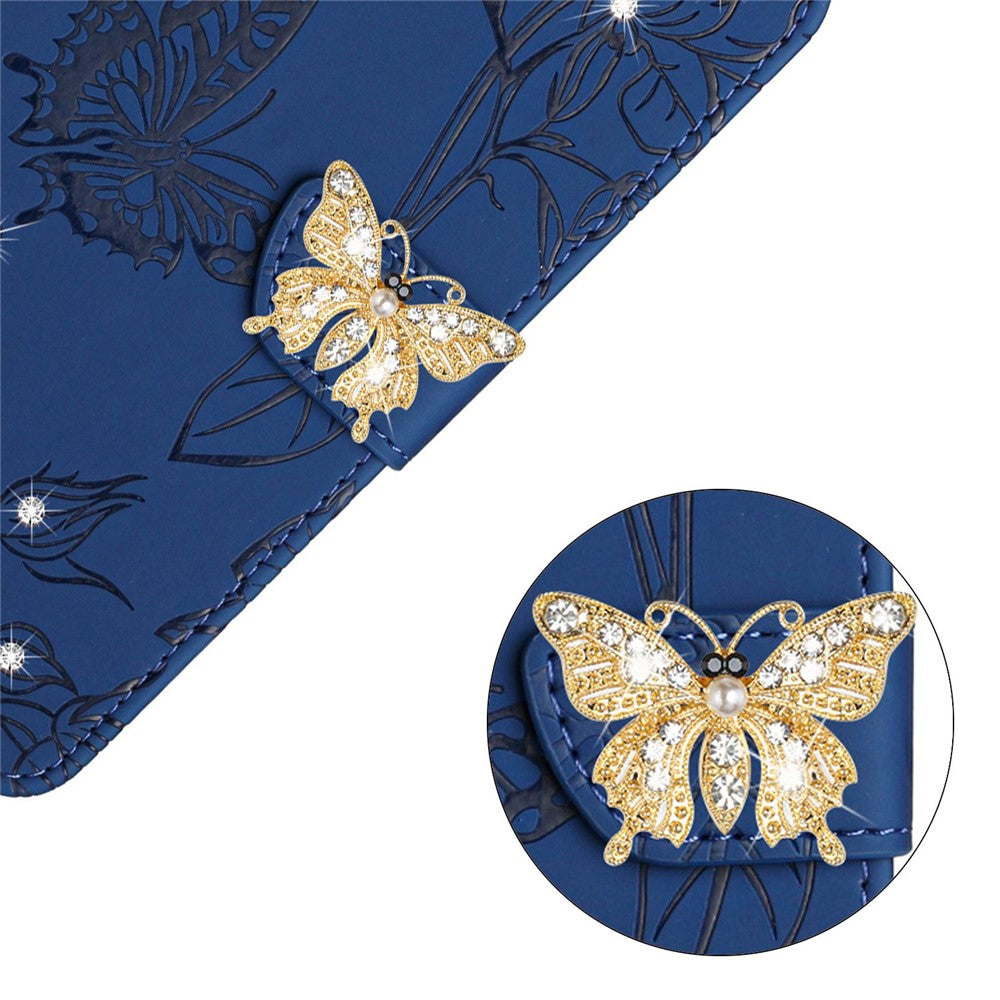 For Samsung Galaxy M13 4G Butterfly Flowers Imprinted Rhinestone Decor Phone Cover Wallet Stand Well-protected Leather Case with Shoulder Strap - Blue
