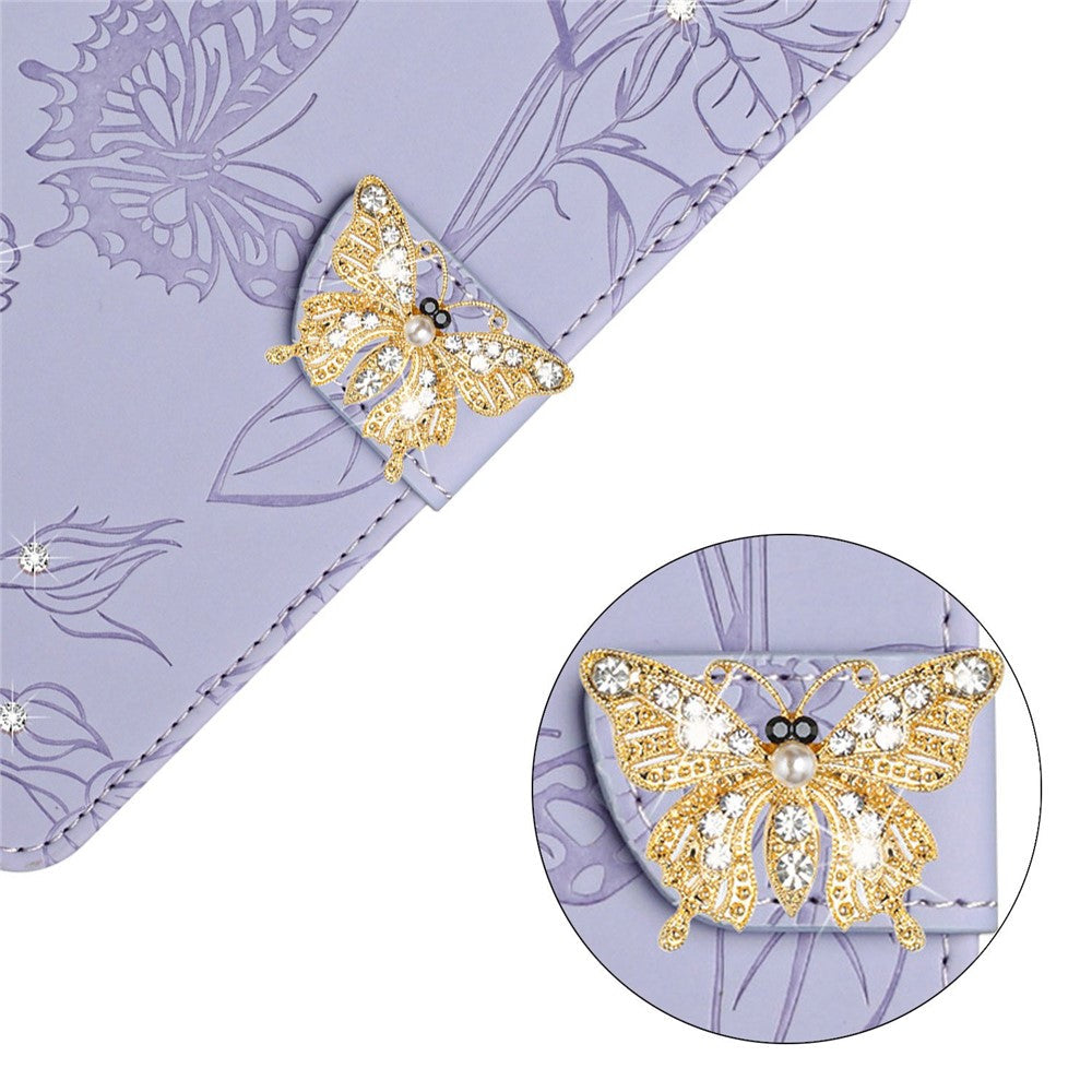 For Samsung Galaxy M13 4G Butterfly Flowers Imprinted Rhinestone Decor Phone Cover Wallet Stand Well-protected Leather Case with Shoulder Strap - Light Purple