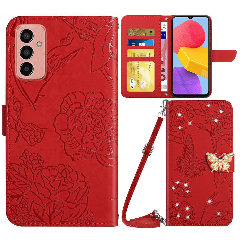 For Samsung Galaxy M13 4G Butterfly Flowers Imprinted Rhinestone Decor Phone Cover Wallet Stand Well-protected Leather Case with Shoulder Strap - Red