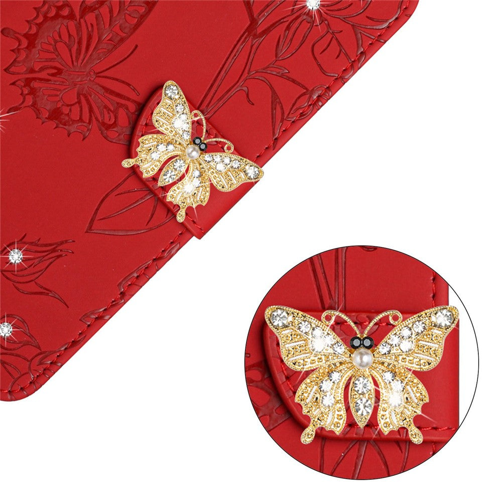 For Samsung Galaxy M13 4G Butterfly Flowers Imprinted Rhinestone Decor Phone Cover Wallet Stand Well-protected Leather Case with Shoulder Strap - Red