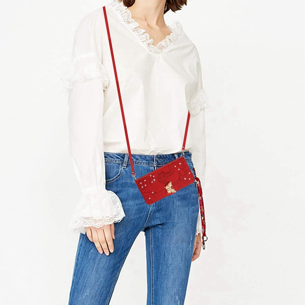 For Samsung Galaxy M13 4G Butterfly Flowers Imprinted Rhinestone Decor Phone Cover Wallet Stand Well-protected Leather Case with Shoulder Strap - Red