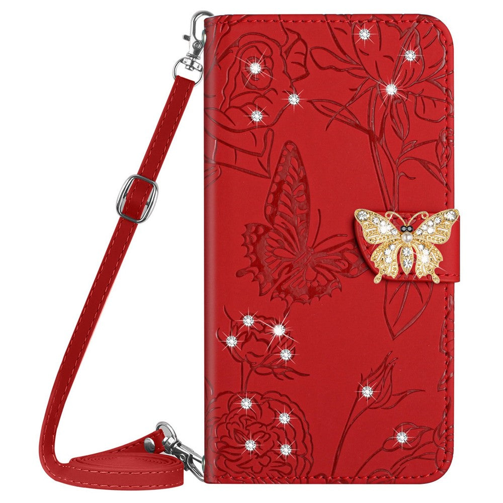 For Samsung Galaxy M13 4G Butterfly Flowers Imprinted Rhinestone Decor Phone Cover Wallet Stand Well-protected Leather Case with Shoulder Strap - Red
