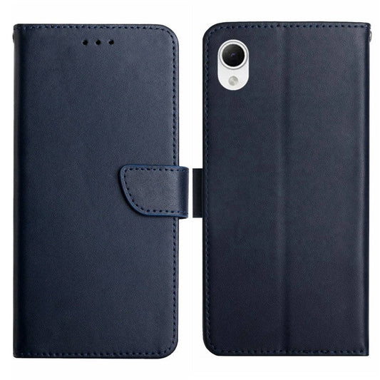 For Samsung Galaxy A23e HT02 Solid Color Wallet Phone Case Nappa Texture Genuine Leather Stand Magnetic Closure Flip Folio Cover - Blue