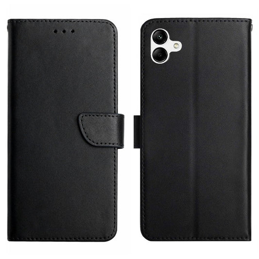 HT02 Nappa Texture Genuine Leather Case for Samsung Galaxy A04 4G (164.4 x 76.3 x 9.1 mm), Magnetic Clasp Phone Wallet Stand Folio Flip Cover - Black