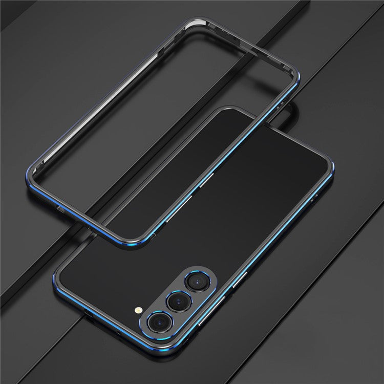 For Samsung Galaxy S23 Metal Bumper Frame Hard Phone Case with Camera Lens Cover - Black / Blue