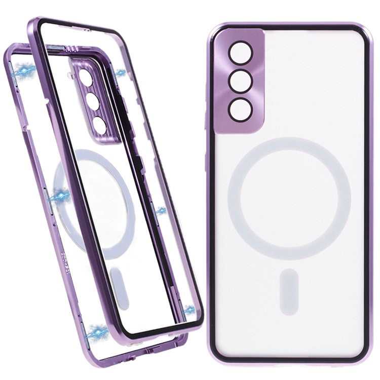 For Samsung Galaxy S22 5G Magnetic Metal Frame Phone Case Tempered Glass Back Frosted PC Double-sided Protection Cover - Purple