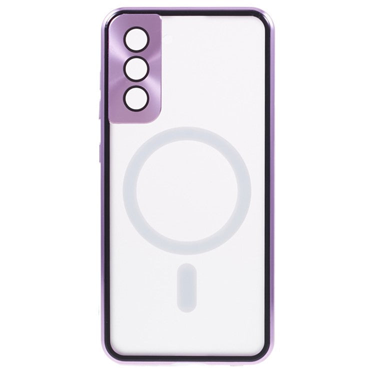 For Samsung Galaxy S22 5G Magnetic Metal Frame Phone Case Tempered Glass Back Frosted PC Double-sided Protection Cover - Purple