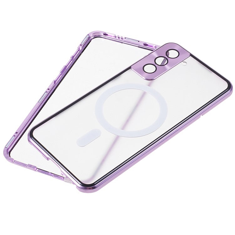 For Samsung Galaxy S22 5G Magnetic Metal Frame Phone Case Tempered Glass Back Frosted PC Double-sided Protection Cover - Purple