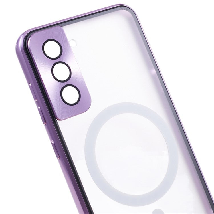 For Samsung Galaxy S22 5G Magnetic Metal Frame Phone Case Tempered Glass Back Frosted PC Double-sided Protection Cover - Purple