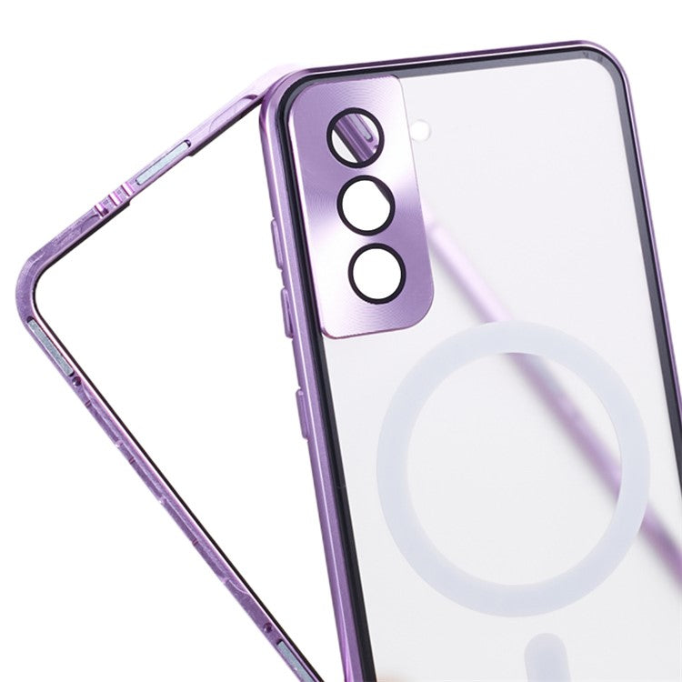 For Samsung Galaxy S22 5G Magnetic Metal Frame Phone Case Tempered Glass Back Frosted PC Double-sided Protection Cover - Purple