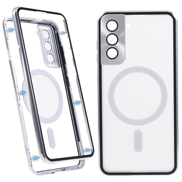 For Samsung Galaxy S21 5G Double-sided Protection Case Magnetic Metal Frame Tempered Glass Back Frosted PC Phone Cover - Silver