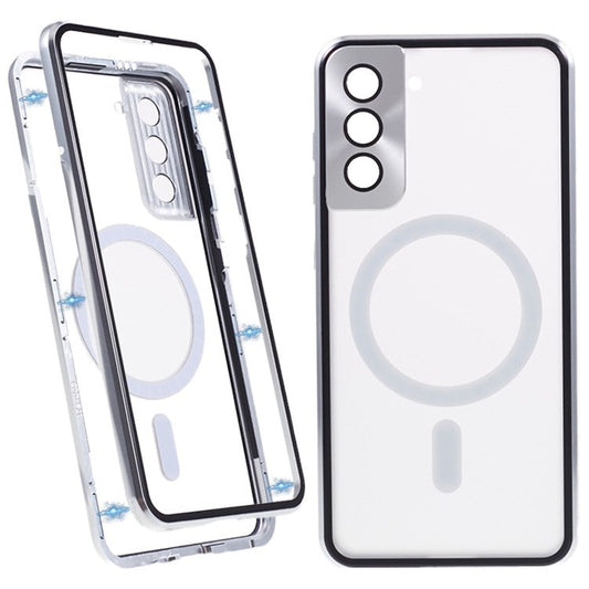 For Samsung Galaxy S21 5G Double-sided Protection Case Magnetic Metal Frame Tempered Glass Back Frosted PC Phone Cover - Silver