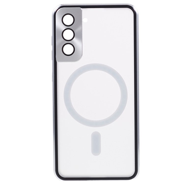 For Samsung Galaxy S21 5G Double-sided Protection Case Magnetic Metal Frame Tempered Glass Back Frosted PC Phone Cover - Silver