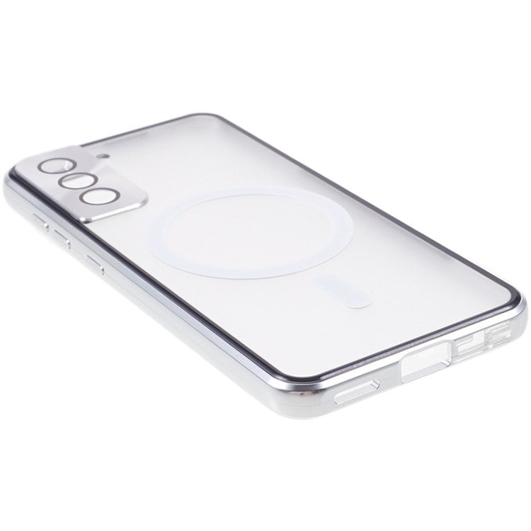 For Samsung Galaxy S21 5G Double-sided Protection Case Magnetic Metal Frame Tempered Glass Back Frosted PC Phone Cover - Silver