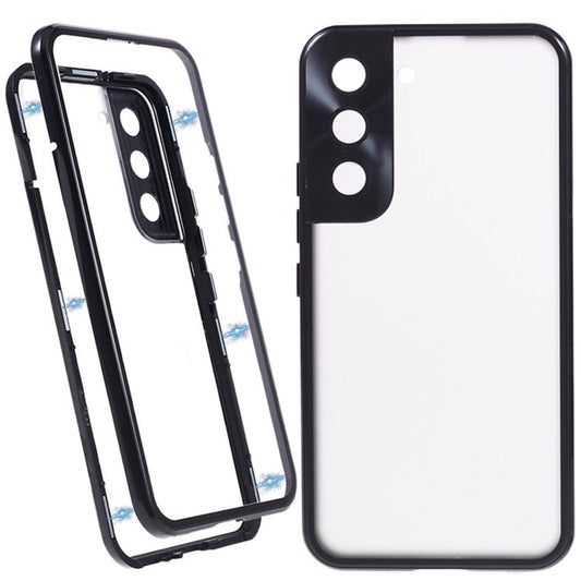 For Samsung Galaxy S22 5G Double Sided Tempered Glass Phone Case Secure Lock Magnetic Metal Frame Clear Cover - Black