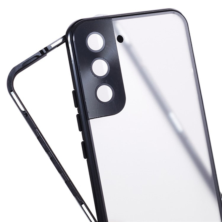For Samsung Galaxy S22 5G Double Sided Tempered Glass Phone Case Secure Lock Magnetic Metal Frame Clear Cover - Black