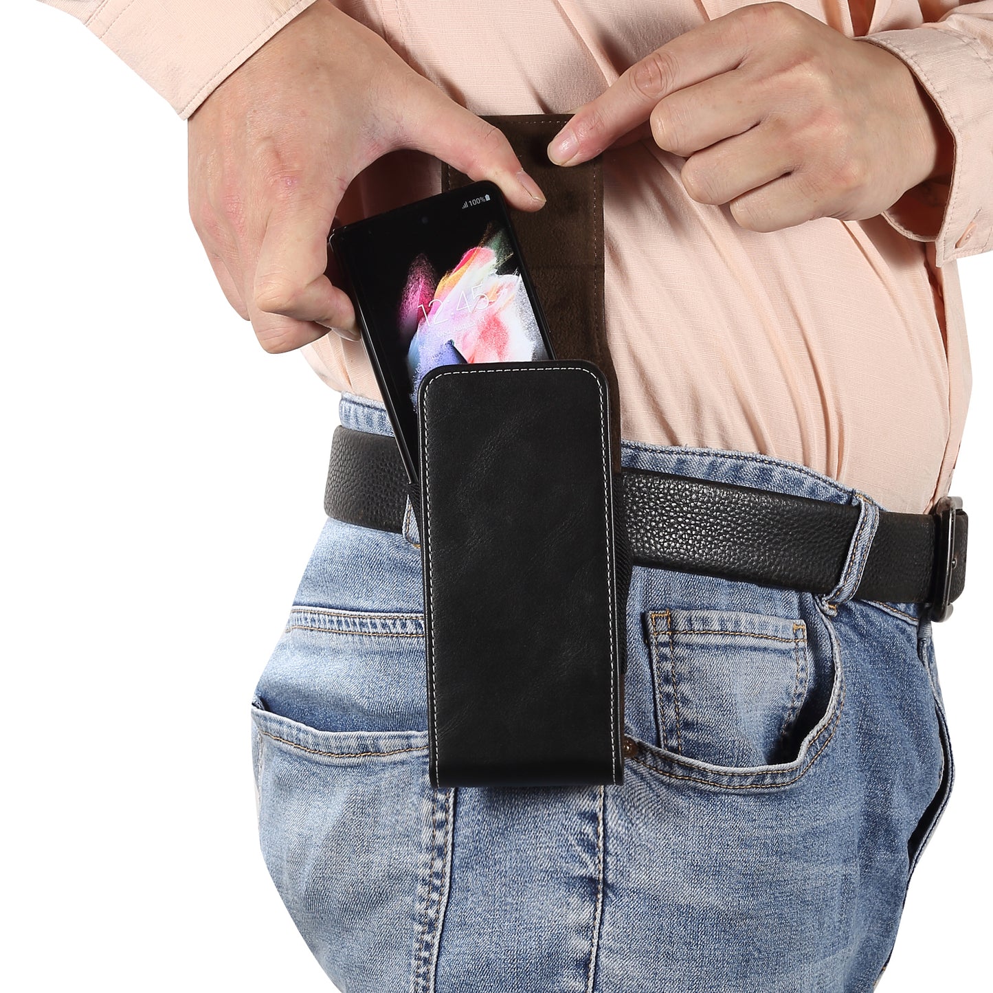 For Honor Magic Vs 5G / vivo X Fold2 Phone Holster Textured Microfiber Leather Belt Loop Waist Bag Vertical Flip Phone Belt Pouch - Black