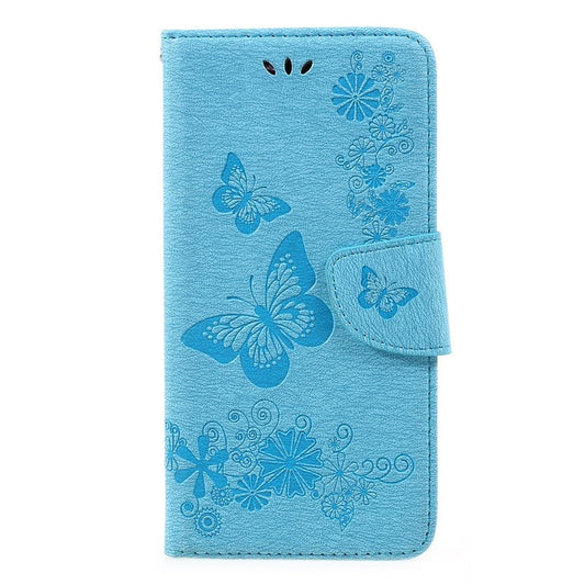 For Samsung Galaxy A3 (2017) Wallet Leather Case with Imprinted Butterfly Flowers - Blue