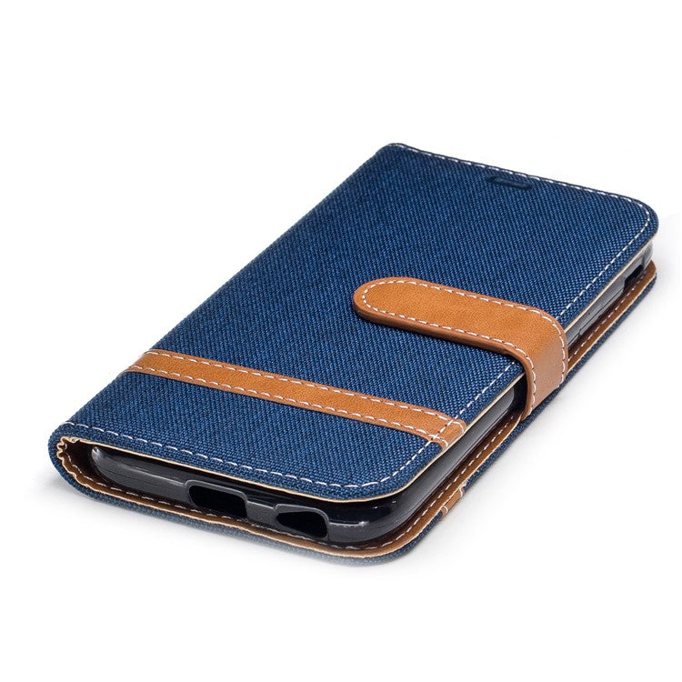 For Samsung Galaxy J3 (2017) EU Version Two-tone Jean Cloth Leather Wallet Stand Case with Card Slots - Dark Blue