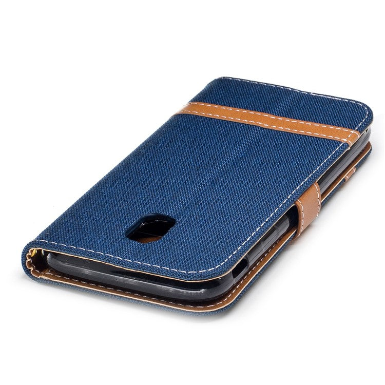 For Samsung Galaxy J3 (2017) EU Version Two-tone Jean Cloth Leather Wallet Stand Case with Card Slots - Dark Blue