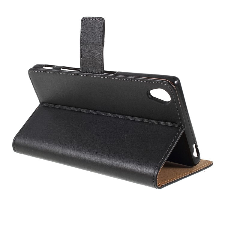 Genuine Split Leather Wallet Case for Sony Xperia Z5 / Z5 Dual - Black