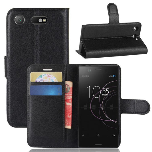 Litchi Grain Card Slots Leather Protective Flip Case Cover for Sony Xperia XZ1 Compact Wallet Stand Phone Case - Black