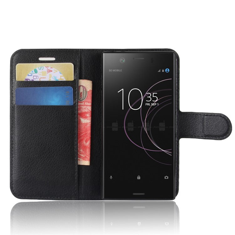 Litchi Grain Card Slots Leather Protective Flip Case Cover for Sony Xperia XZ1 Compact Wallet Stand Phone Case - Black