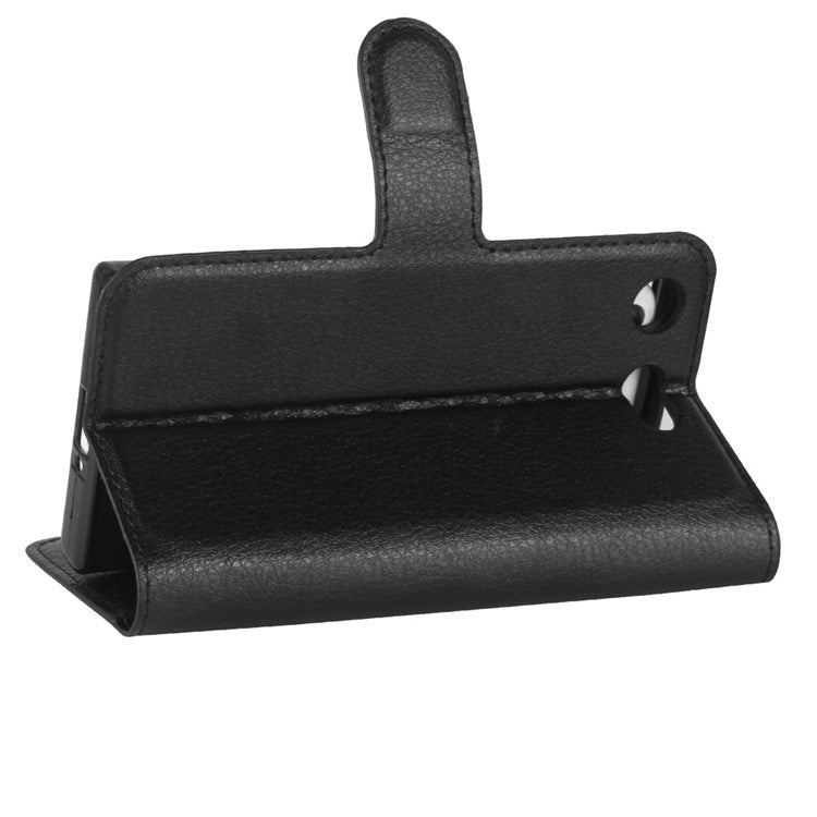 Litchi Grain Card Slots Leather Protective Flip Case Cover for Sony Xperia XZ1 Compact Wallet Stand Phone Case - Black