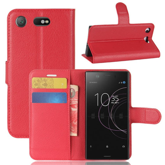 Litchi Grain Card Slots Leather Protective Flip Case Cover for Sony Xperia XZ1 Compact Wallet Stand Phone Case - Red