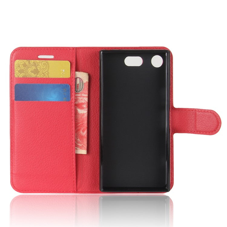Litchi Grain Card Slots Leather Protective Flip Case Cover for Sony Xperia XZ1 Compact Wallet Stand Phone Case - Red