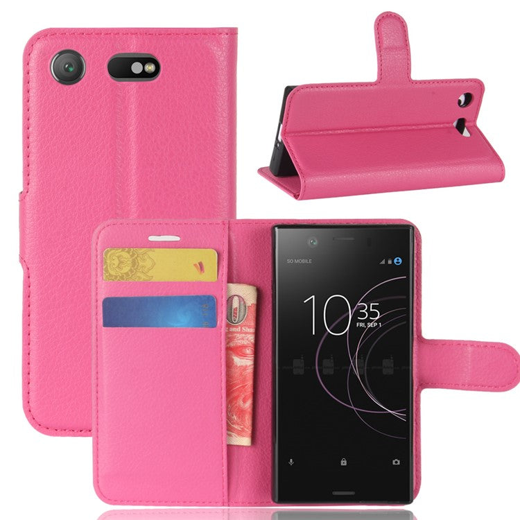 Litchi Grain Card Slots Leather Protective Flip Case Cover for Sony Xperia XZ1 Compact Wallet Stand Phone Case - Rose