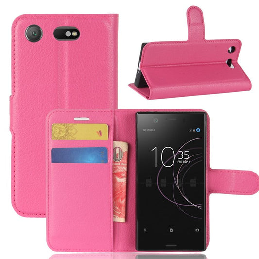 Litchi Grain Card Slots Leather Protective Flip Case Cover for Sony Xperia XZ1 Compact Wallet Stand Phone Case - Rose