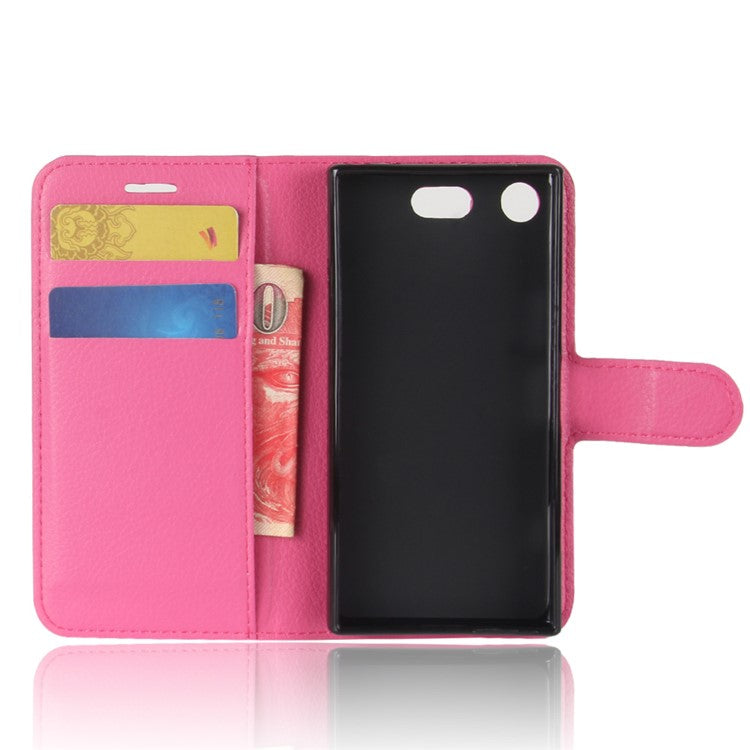 Litchi Grain Card Slots Leather Protective Flip Case Cover for Sony Xperia XZ1 Compact Wallet Stand Phone Case - Rose