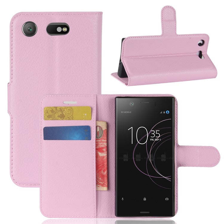 Litchi Grain Card Slots Leather Protective Flip Case Cover for Sony Xperia XZ1 Compact Wallet Stand Phone Case - Pink
