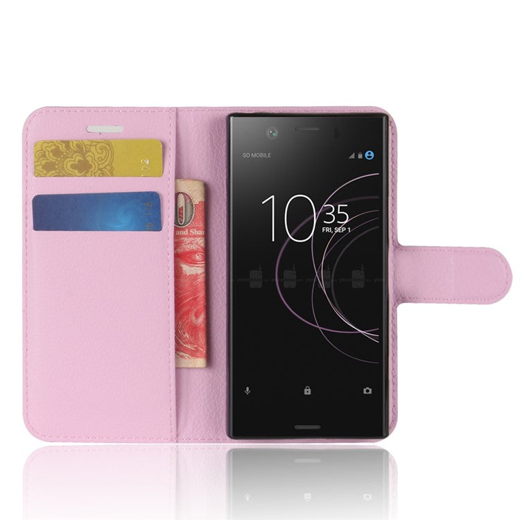 Litchi Grain Card Slots Leather Protective Flip Case Cover for Sony Xperia XZ1 Compact Wallet Stand Phone Case - Pink