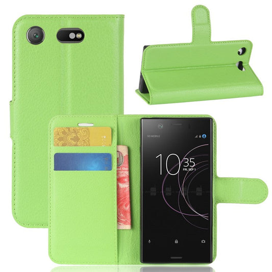Litchi Grain Card Slots Leather Protective Flip Case Cover for Sony Xperia XZ1 Compact Wallet Stand Phone Case - Green