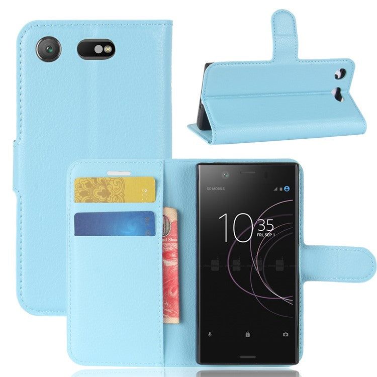 Litchi Grain Card Slots Leather Protective Flip Case Cover for Sony Xperia XZ1 Compact Wallet Stand Phone Case - Baby Blue