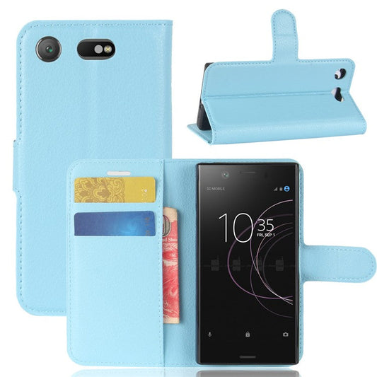 Litchi Grain Card Slots Leather Protective Flip Case Cover for Sony Xperia XZ1 Compact Wallet Stand Phone Case - Baby Blue