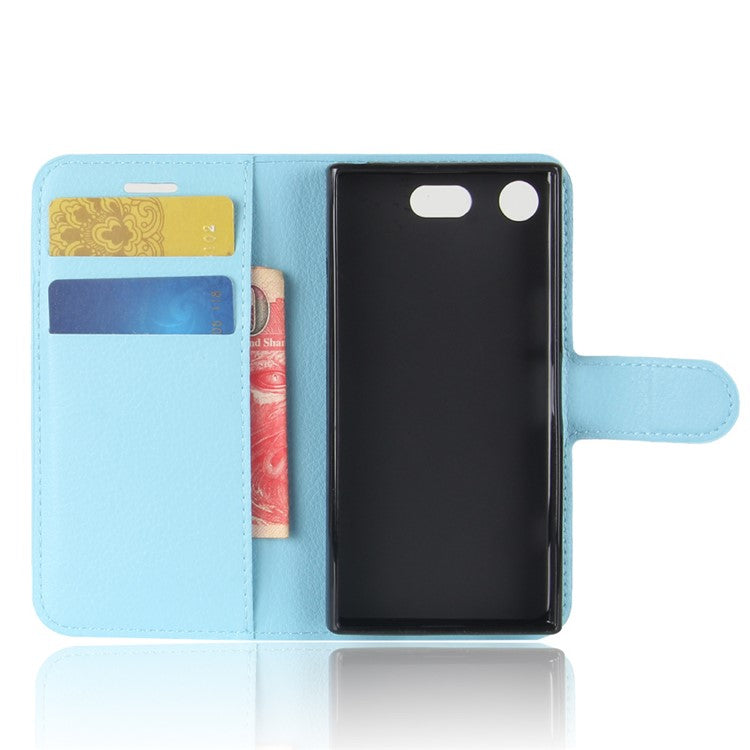 Litchi Grain Card Slots Leather Protective Flip Case Cover for Sony Xperia XZ1 Compact Wallet Stand Phone Case - Baby Blue