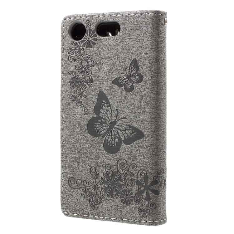 Imprint Butterfly Flower Leather Flip Wallet Stand Phone Case Shell for Sony Xperia XZ1 Compact - Grey