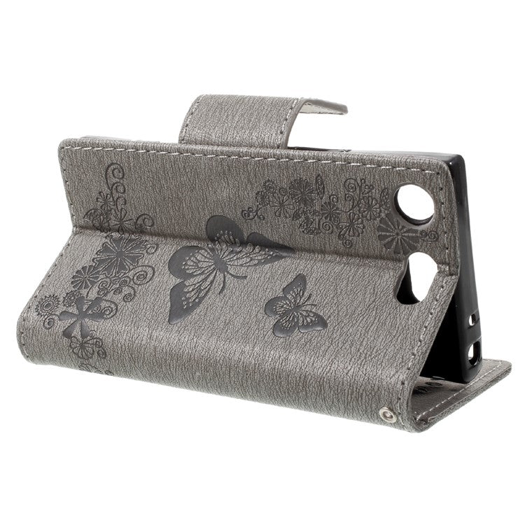 Imprint Butterfly Flower Leather Flip Wallet Stand Phone Case Shell for Sony Xperia XZ1 Compact - Grey