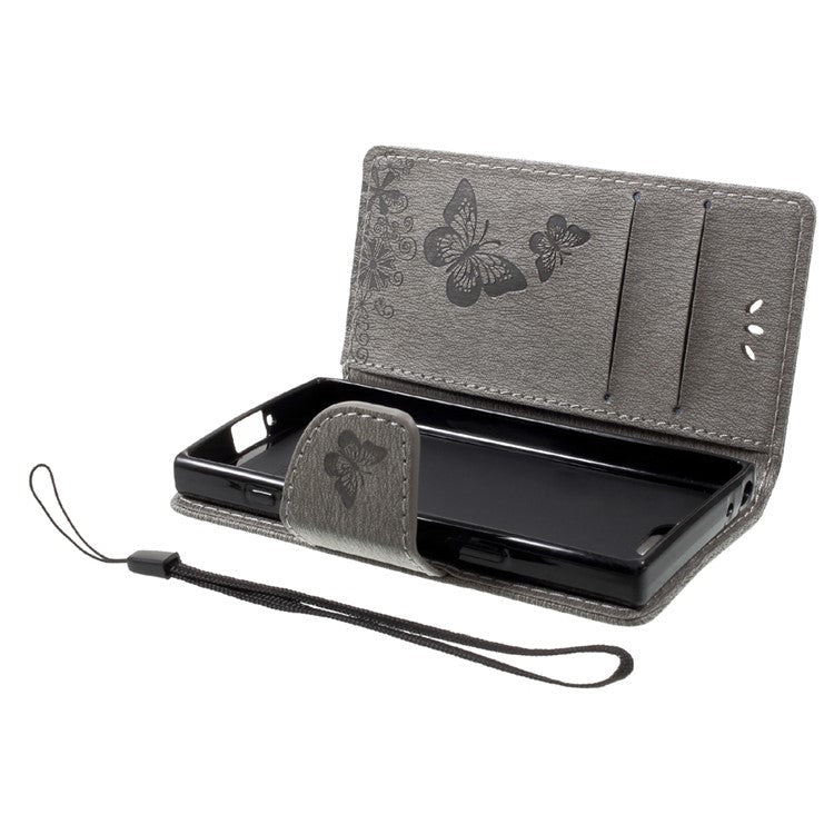 Imprint Butterfly Flower Leather Flip Wallet Stand Phone Case Shell for Sony Xperia XZ1 Compact - Grey