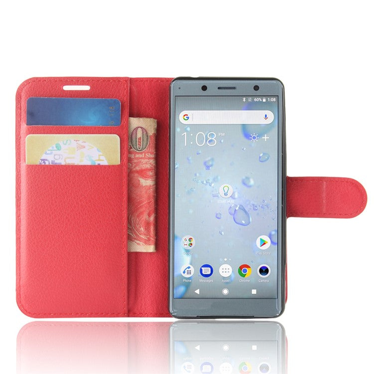 Litchi Texture PU Leather Wallet Stand Shell for Sony Xperia XZ2 Compact - Red