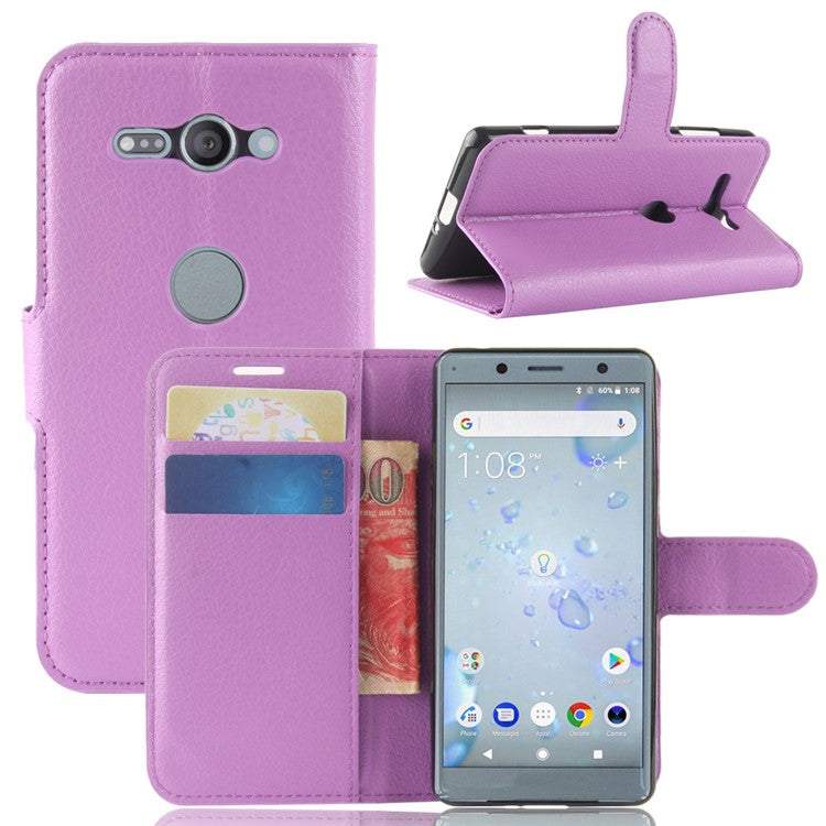 Litchi Texture PU Leather Wallet Stand Case Accessory for Sony Xperia XZ2 Compact - Purple