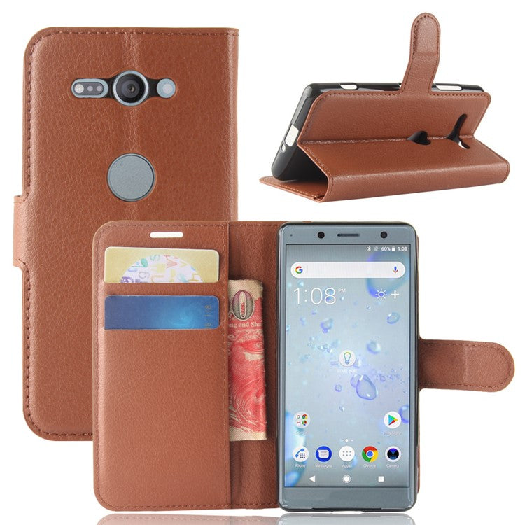 Litchi Texture Leather Wallet Stand Cover Case for Sony Xperia XZ2 Compact - Brown