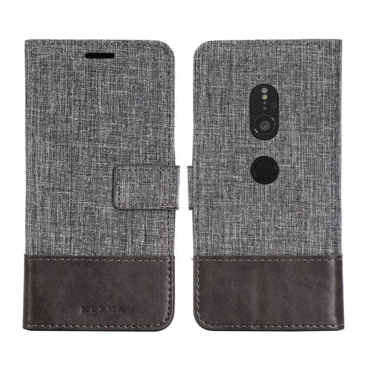 MUXMA PU Leather Canvas Splicing Wallet Stand Cover for Sony Xperia XZ2 - Grey