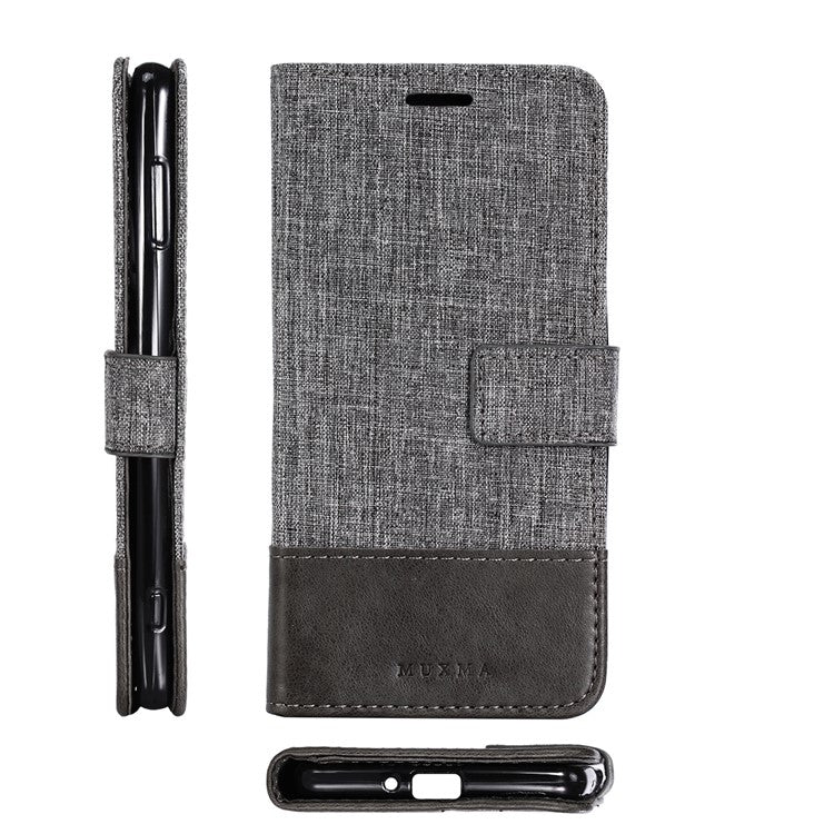 MUXMA PU Leather Canvas Splicing Wallet Stand Cover for Sony Xperia XZ2 - Grey