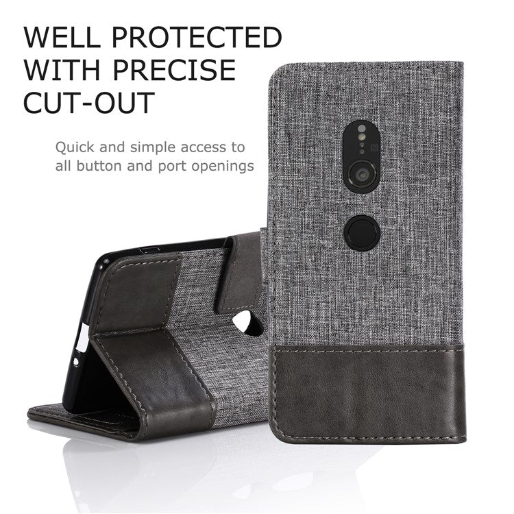 MUXMA PU Leather Canvas Splicing Wallet Stand Cover for Sony Xperia XZ2 - Grey